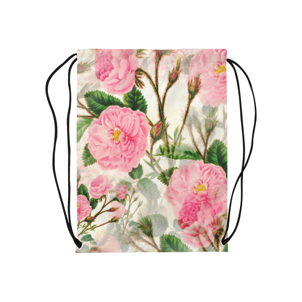 Vintage Pink Rose Garden Blossom Medium Drawstring Bag Model 1604 (Twin Sides) 13.8"(W) * 18.1"(H)