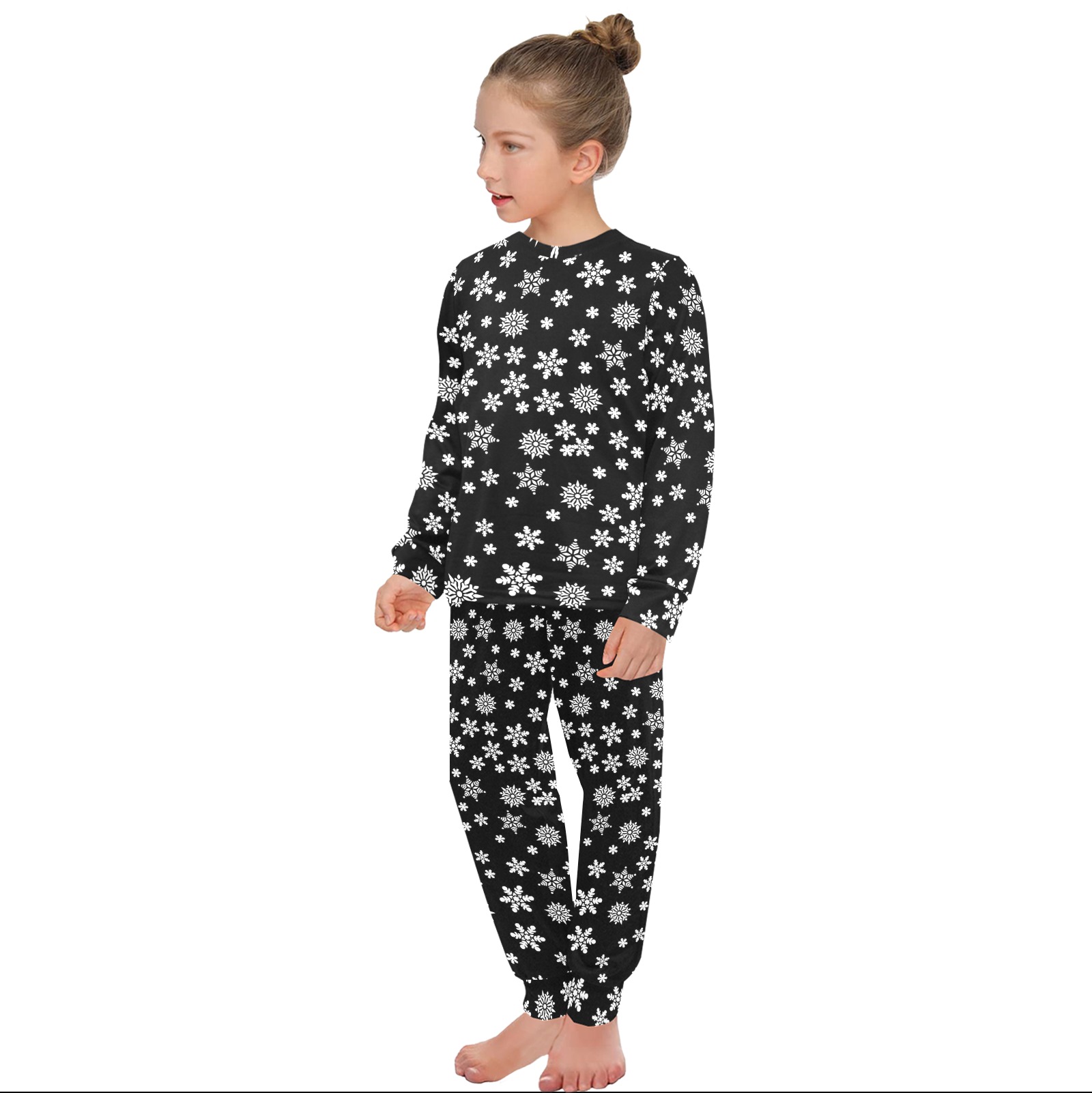 Christmas White Snowflakes on Black Big Girls' Crew Neck Long Pajama Set