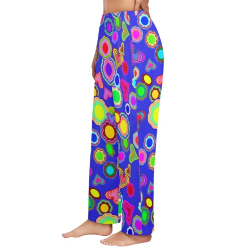 Groovy Hearts and Flowers Blue Women's Pajama Trousers without Pockets