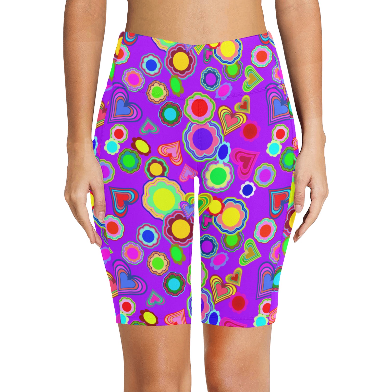 Groovy Hearts and Flowers Purple Women's Workout Half Tights (Model L42)
