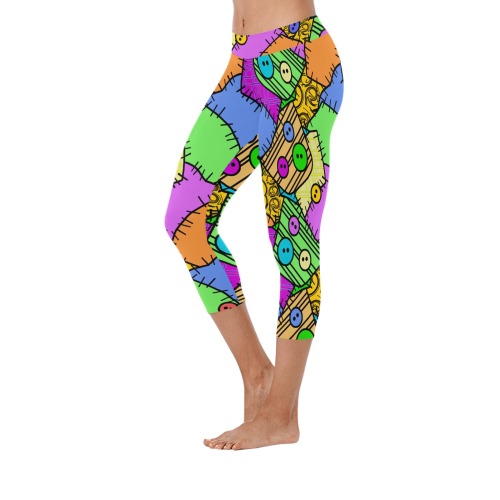 Sally Buttons and Patches Halloween Women's Low Rise Capri Leggings (Invisible Stitch) (Model L08)