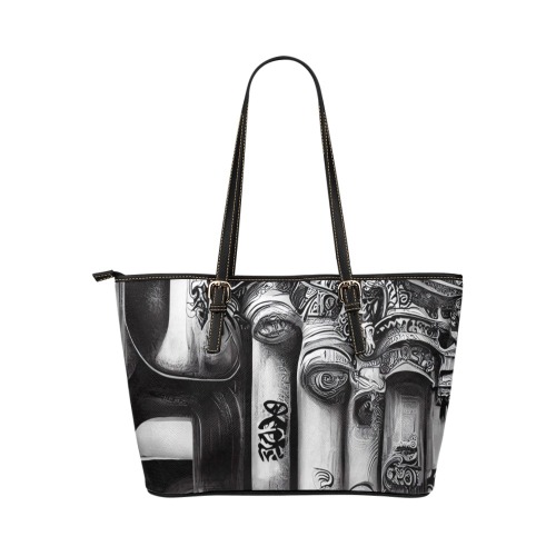 black and white gothic style Leather Tote Bag/Large (Model 1651)