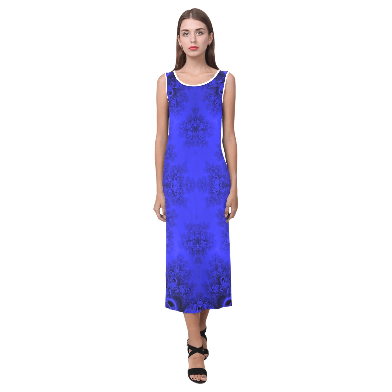 Midnight Blue Gardens Frost Fractal Phaedra Sleeveless Open Fork Long Dress (Model D08)