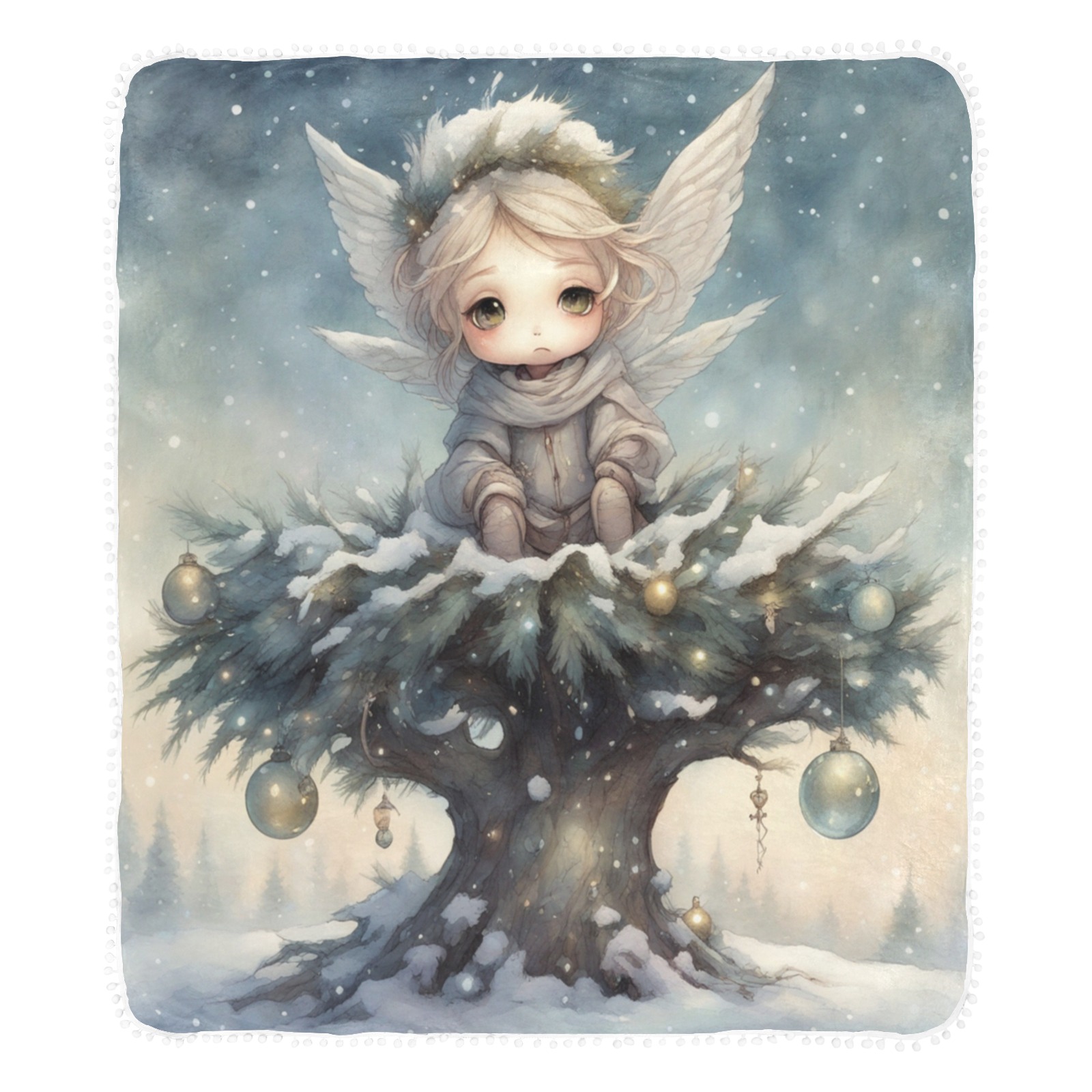 Little Christmas Angel Pom Pom Fringe Blanket 60"x80"