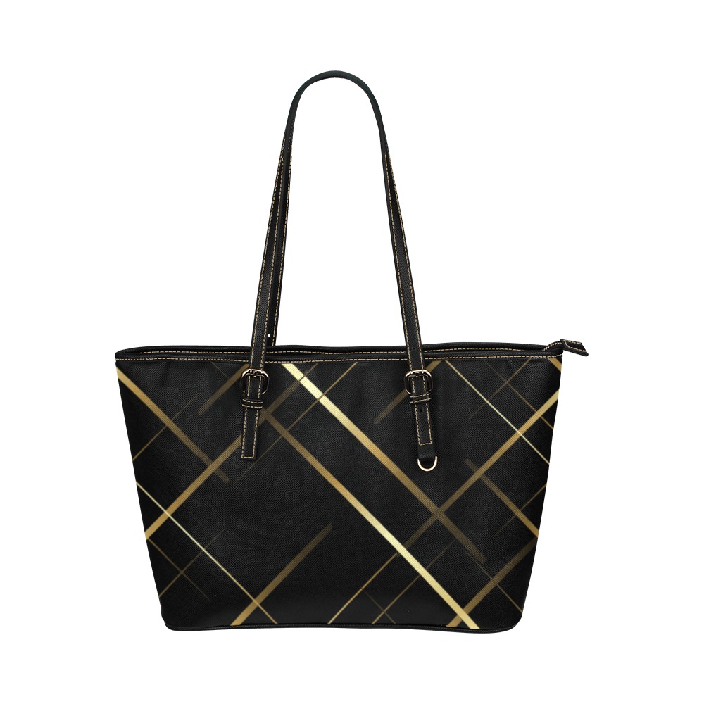 Black Leather Tote With Gold Stripes Women's Purse Leather Tote Bag/Large (Model 1651)