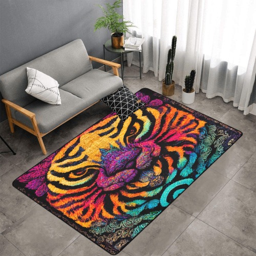 psychedelic animal face 4 Area Rug with Black Binding 7'x5'