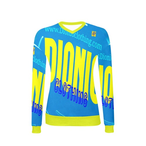 DIONIO Clothing - Women's V-Neck Sweater (Turquoise & Yellow Logo) Women's All Over Print V-Neck Sweater (Model H48)