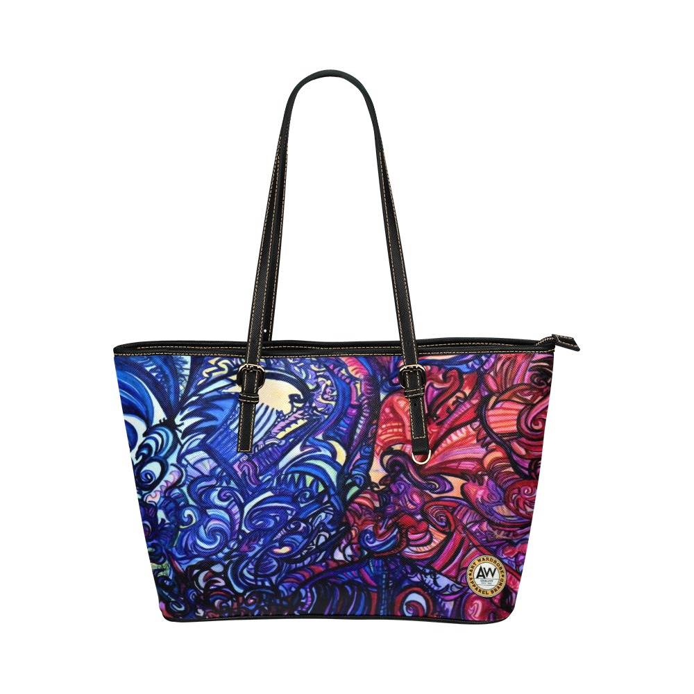 blue and red graffiti drawing Leather Tote Bag/Large (Model 1651)