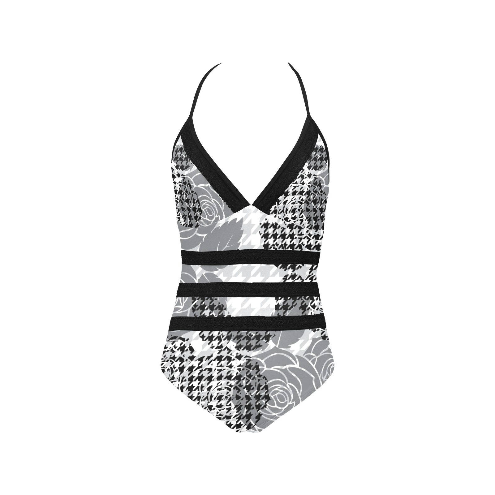 Hounds-tooth with roses Lace Band Embossing Swimsuit (Model S15)