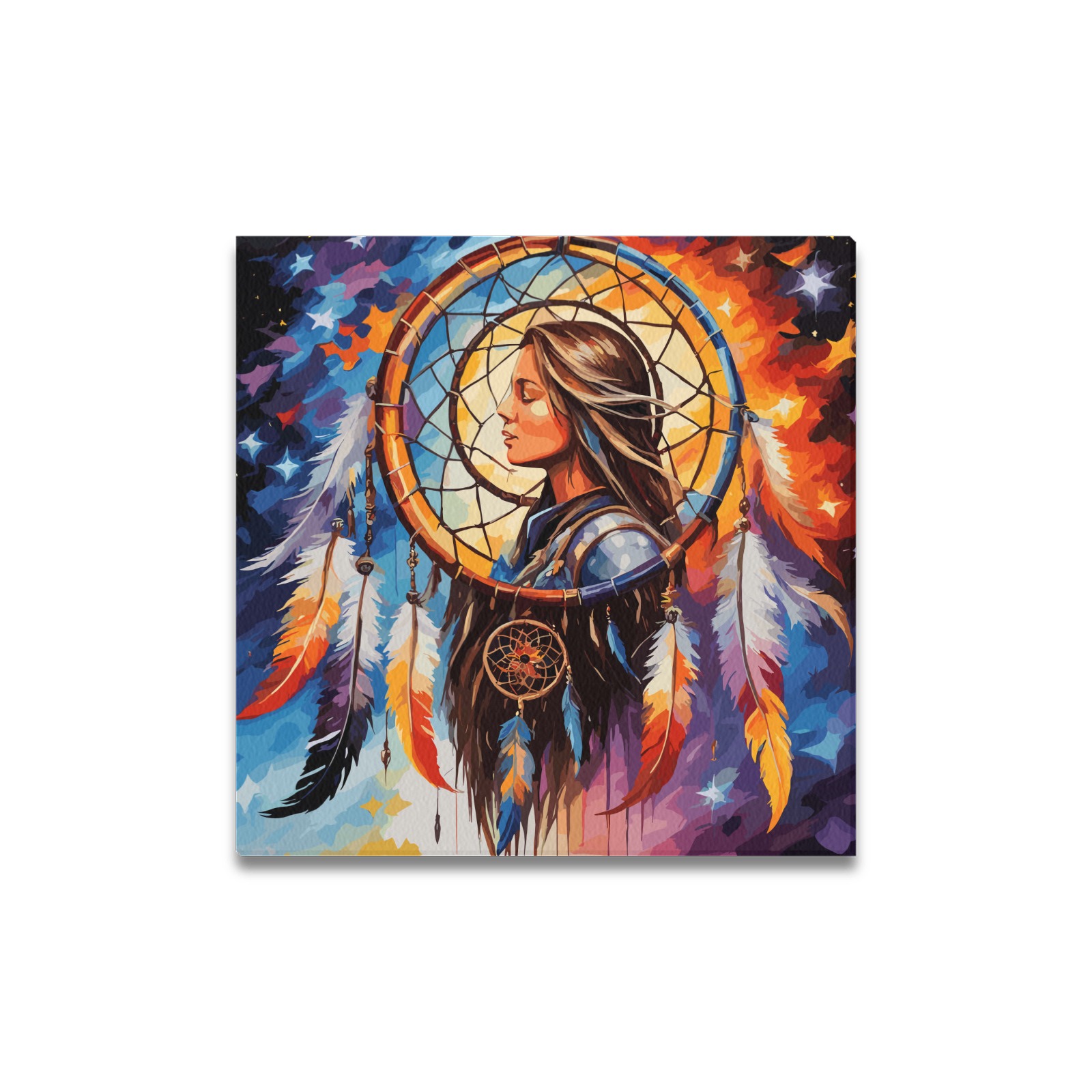 Dreaming woman inside a dreamcatcher colorful art. Upgraded Canvas Print 16"x16"