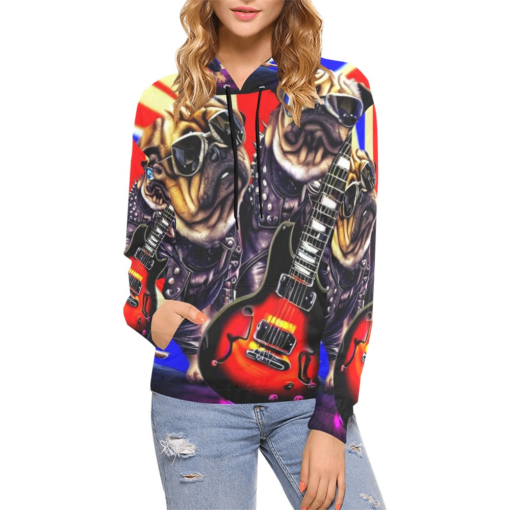 HEAVY ROCK PUG 3 All Over Print Hoodie for Women (USA Size) (Model H13)