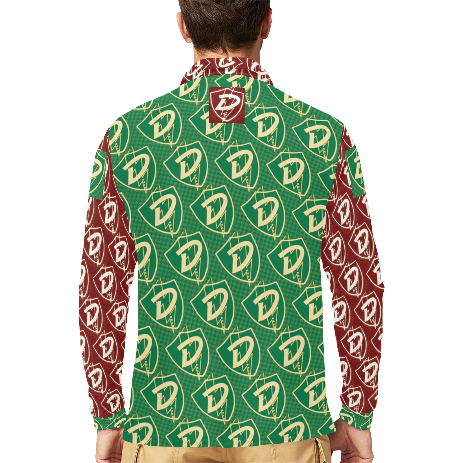 DIONIO Clothing - D Shield Repeat Collab Polo Shirt (Green & Red) Men's Long Sleeve Polo Shirt (Model T73)