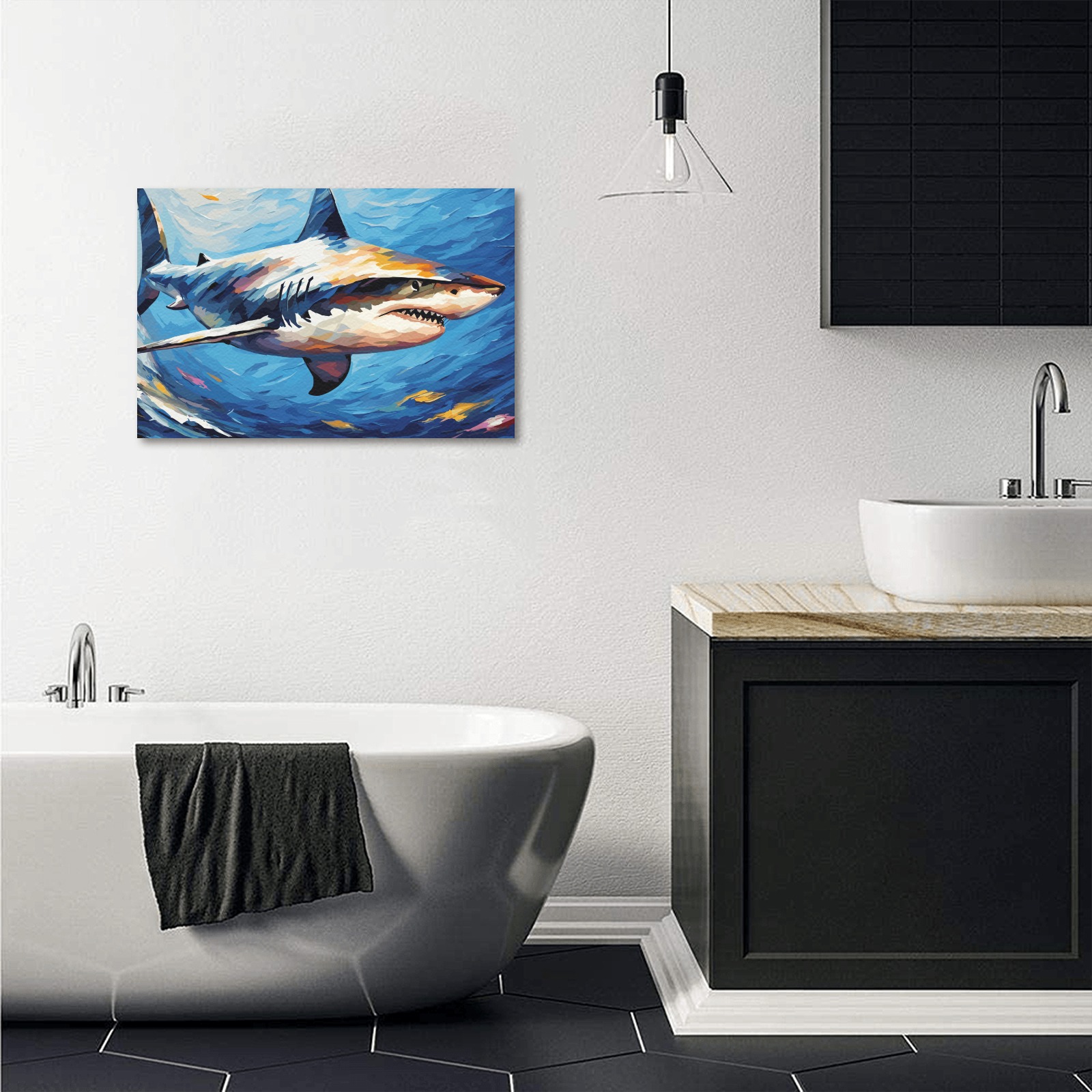 Cool shark surfs the wave under the sea chic art. Upgraded Canvas Print 18"x12"