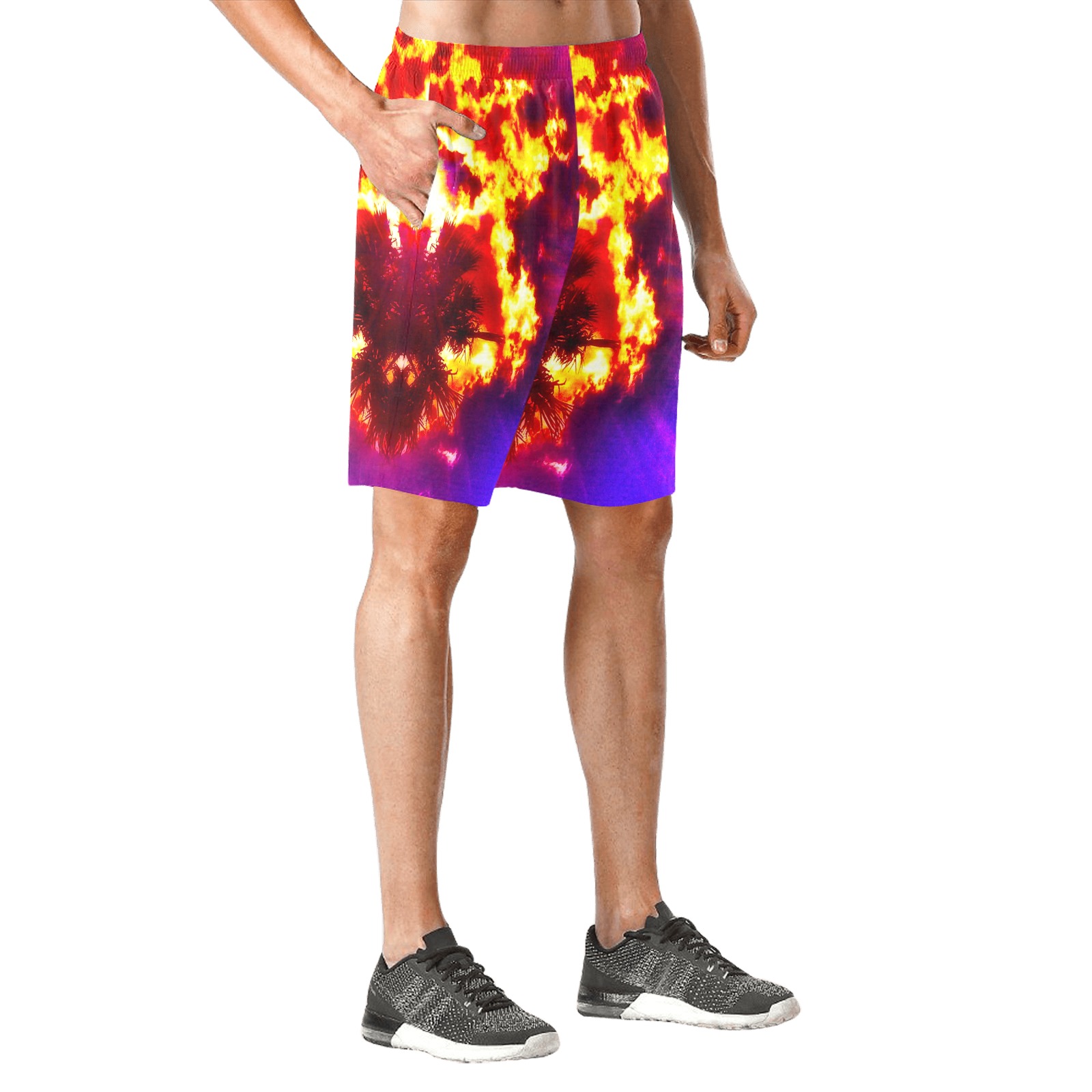Palm Tree Sunburst Men's All Over Print Elastic Beach Shorts (Model L20)