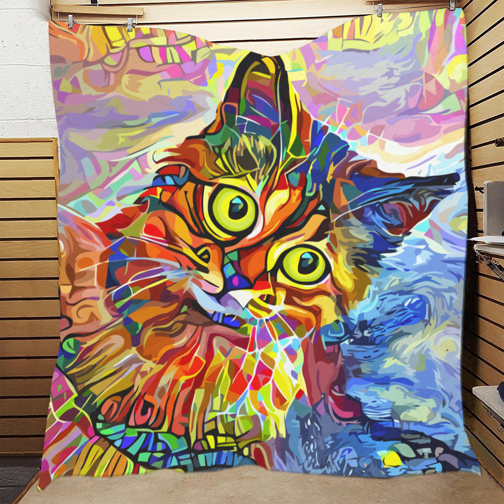 Abstract Cat Face Artistic Pet Portrait Painting Quilt 60"x70"