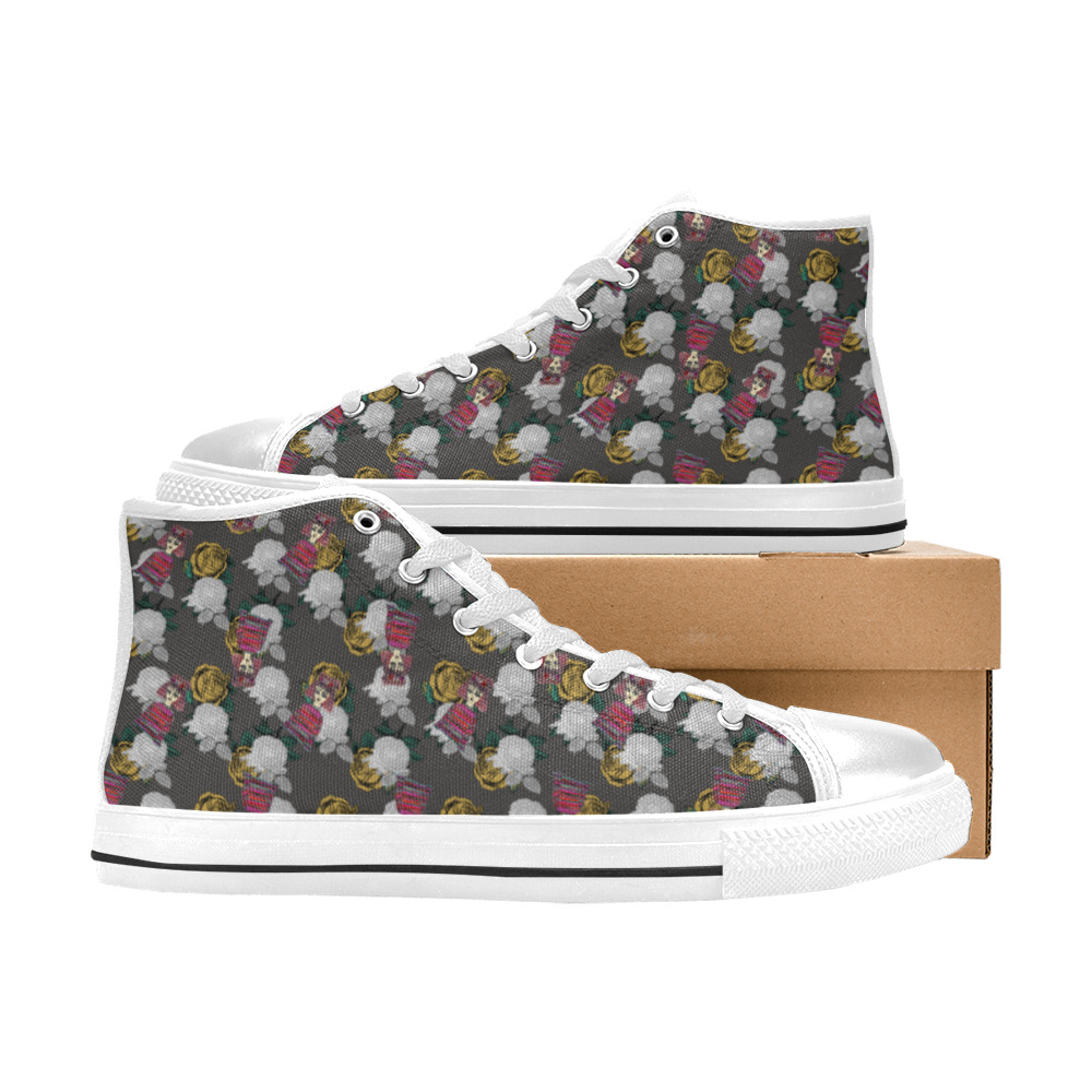 vintage floral and goth girl grey bg High Top Canvas Shoes for Kid (Model 017)