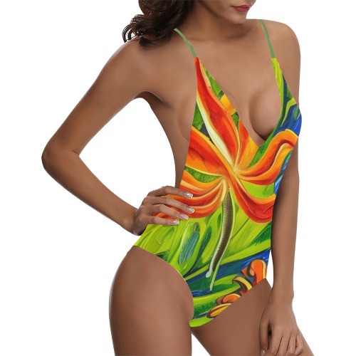 Tropical Flowers One Sexy Lacing Backless One-Piece Swimsuit (Model S10)