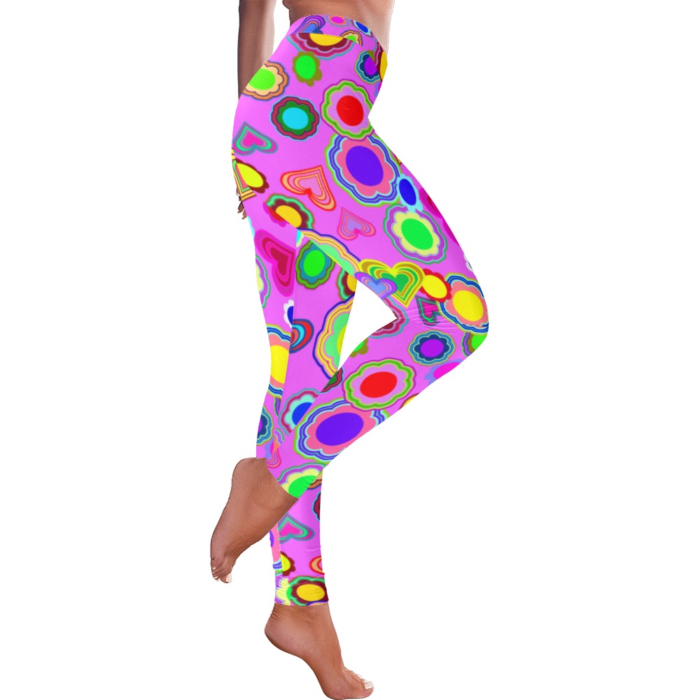 Groovy Hearts and Flowers Pink Women's Low Rise Leggings (Invisible Stitch) (Model L05)