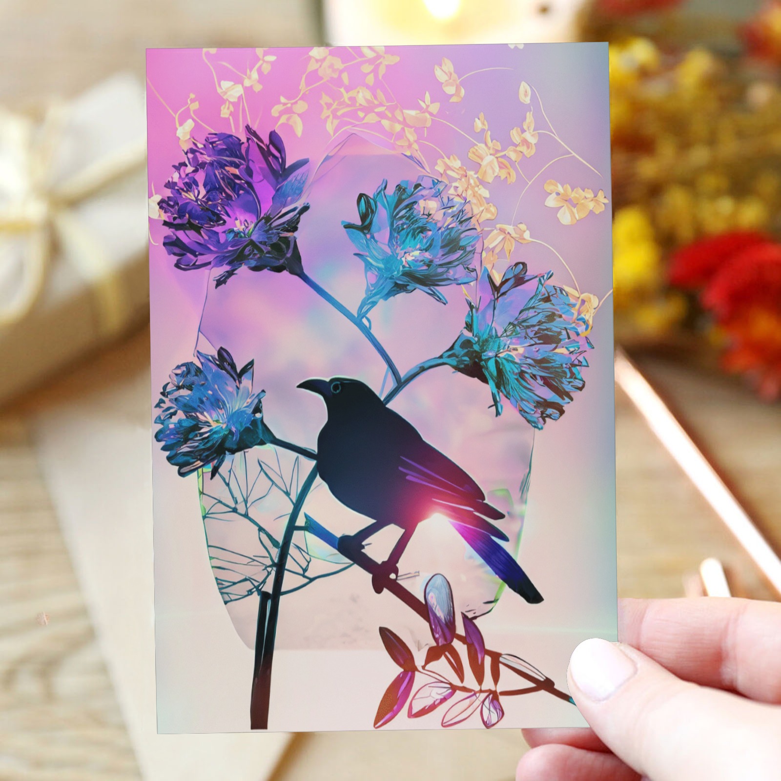 outline of flowers with a magpie on branch and outline of large clear crystal 5 Greeting Card 4"x6"