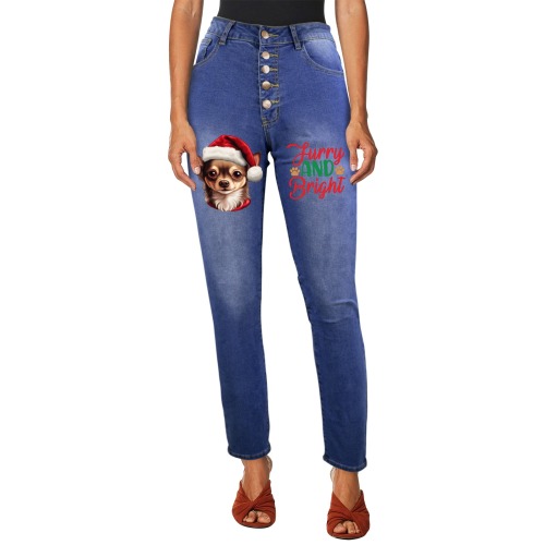 Fury And Bright Christmas Chihuahua Women's Jeans (Front Printing)