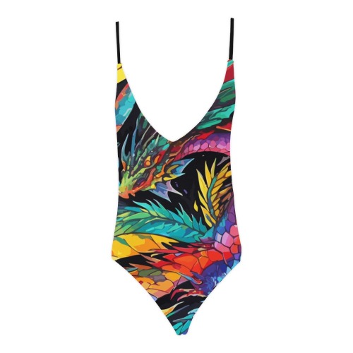 Cool colorful abstract dragons. Black background. Sexy Lacing Backless One-Piece Swimsuit (Model S10)