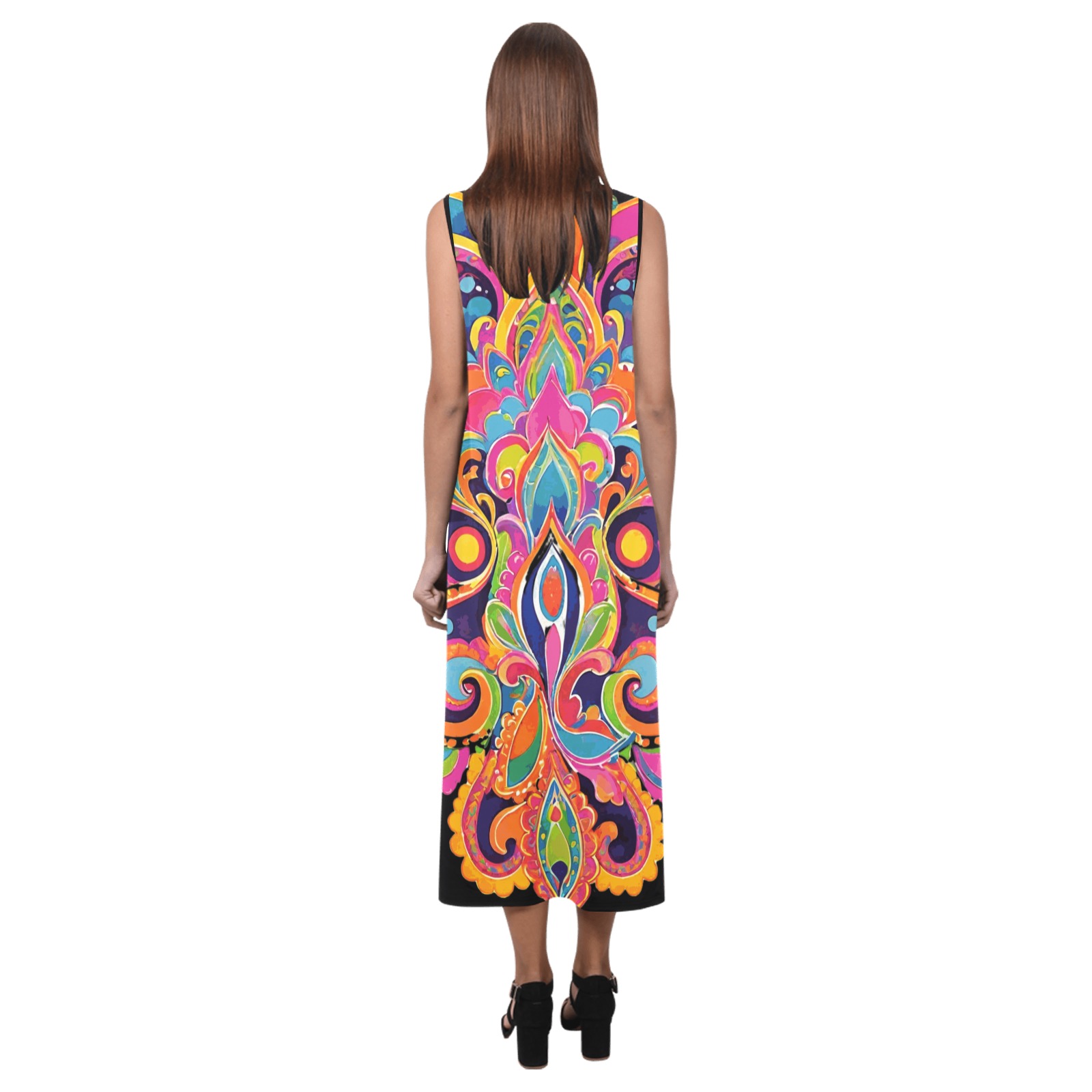 Abstract Retro Hippie Paisley Floral Phaedra Sleeveless Open Fork Long Dress (Model D08)
