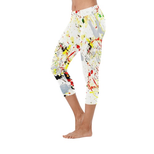 Yellow Paint Splatter Women's Low Rise Capri Leggings (Invisible Stitch) (Model L08)