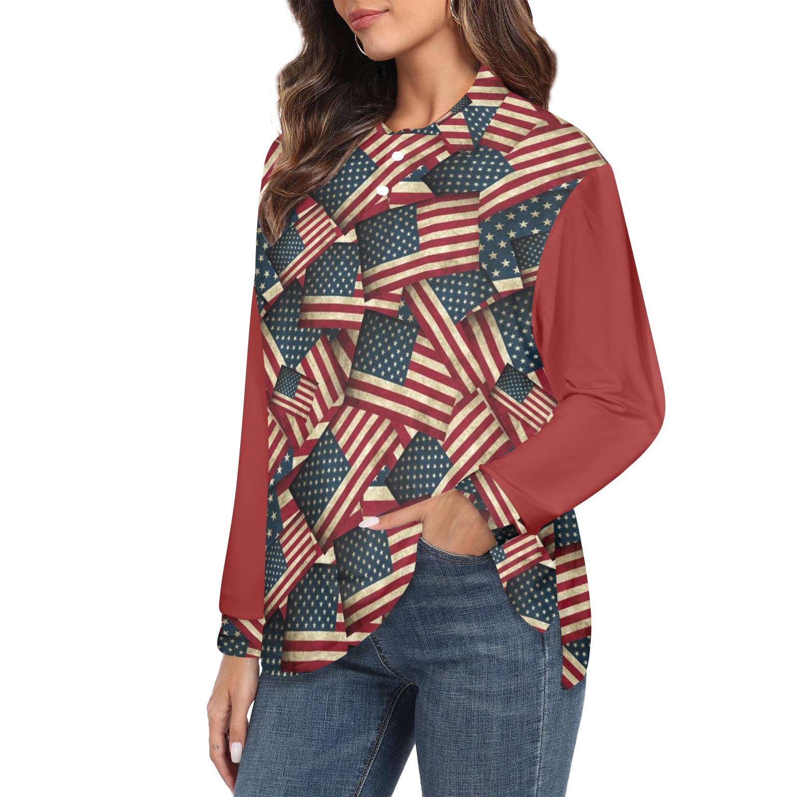 Patriotic USA American Flag Art  / Red Women's Long Sleeve Polo Shirt (Model T73)