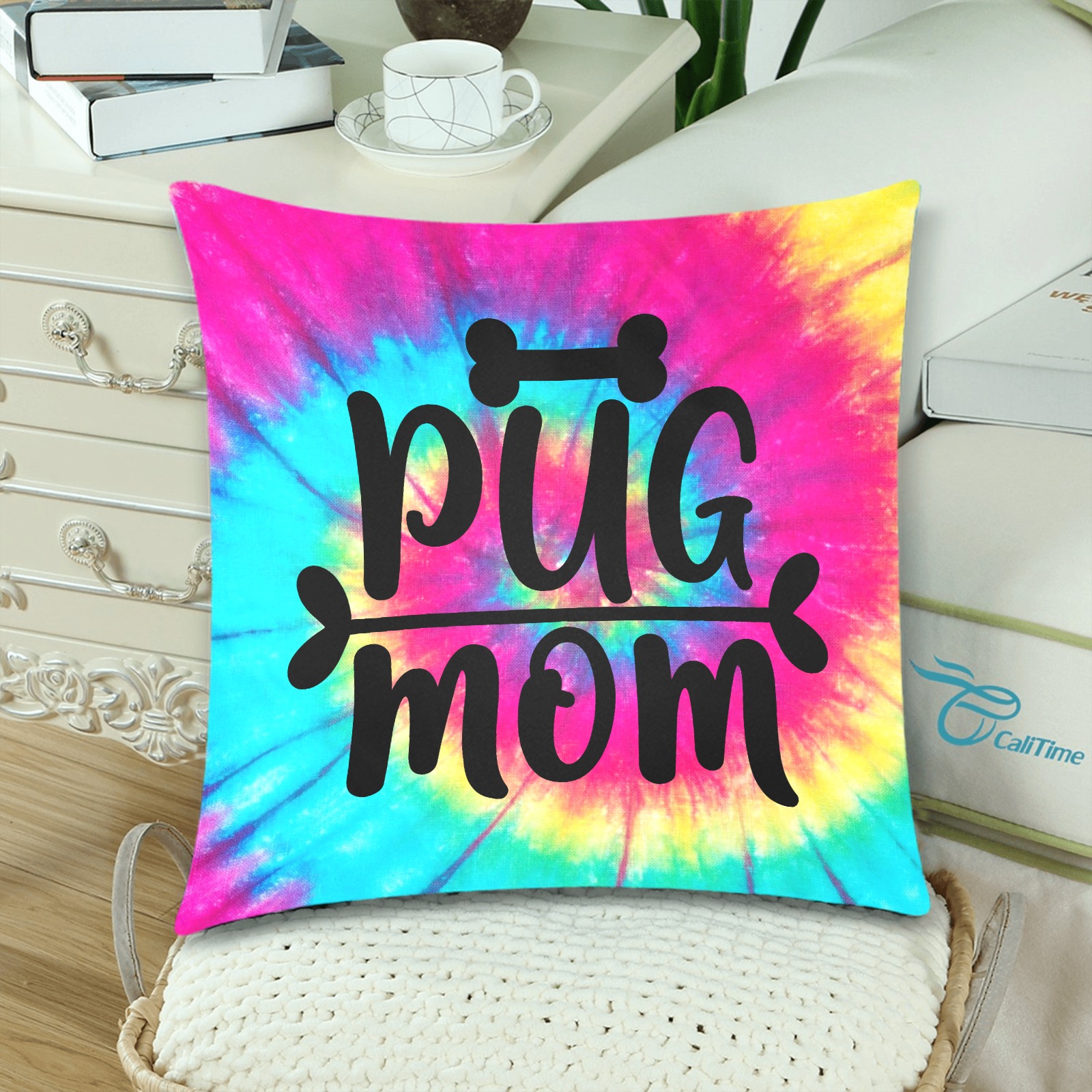 Tie Dye Pug Mom Custom Zippered Pillow Cases 18"x 18" (Twin Sides) (Set of 2)