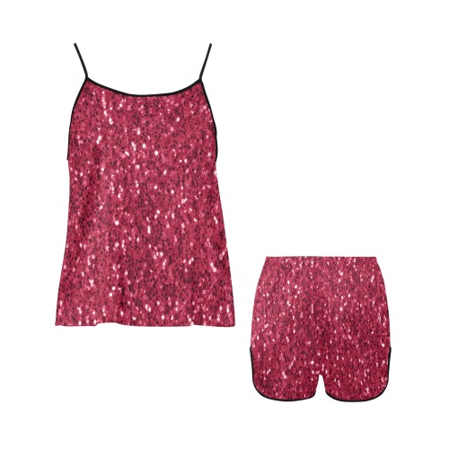Magenta dark pink red faux sparkles glitter Women's Spaghetti Strap Short Pajama Set