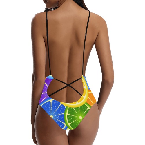 Prett&PettyOrange slices sexy swimsuit Sexy Lacing Backless One-Piece Swimsuit (Model S10)