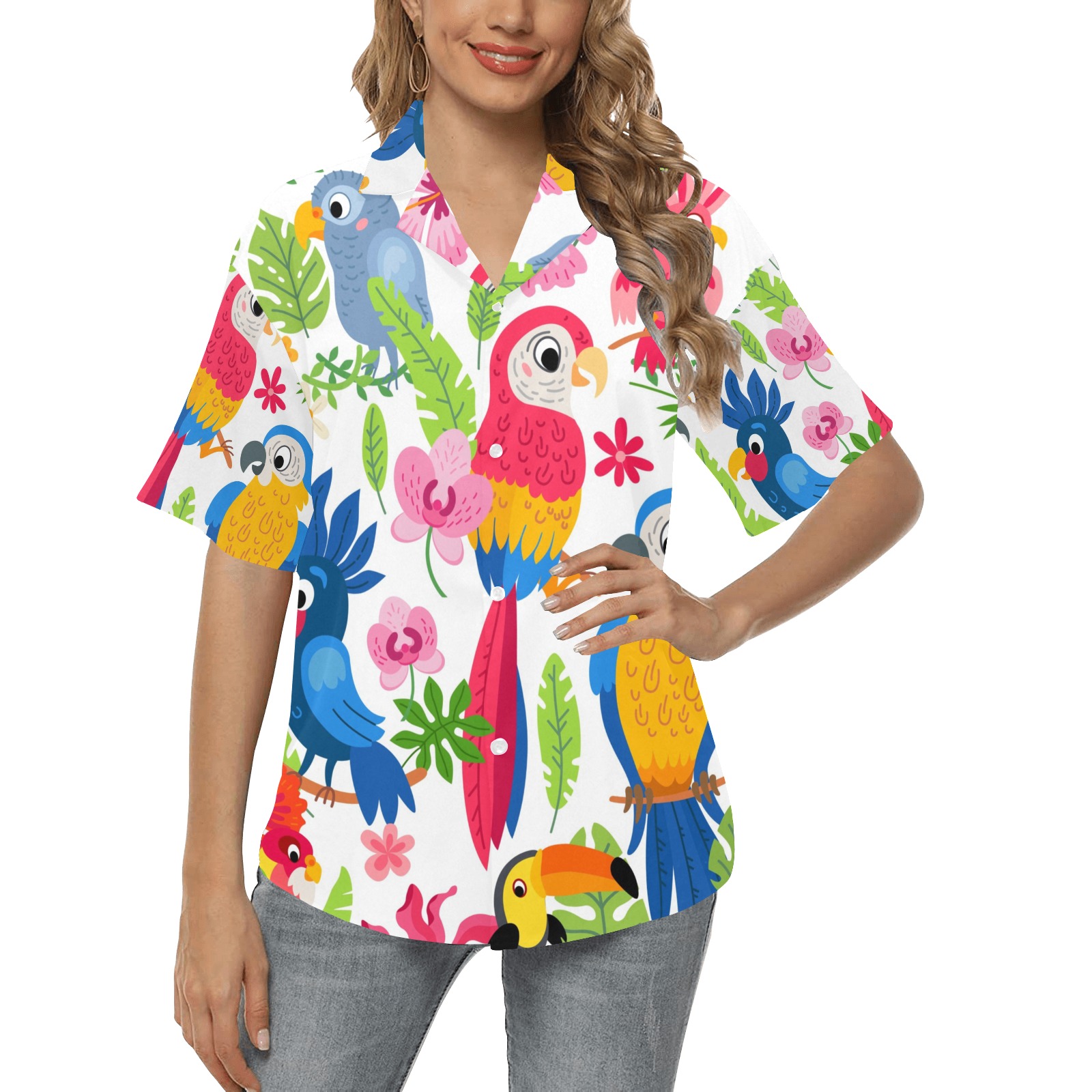 Colorful Tropical Birds All Over Print Hawaiian Shirt for Women (Model T58)