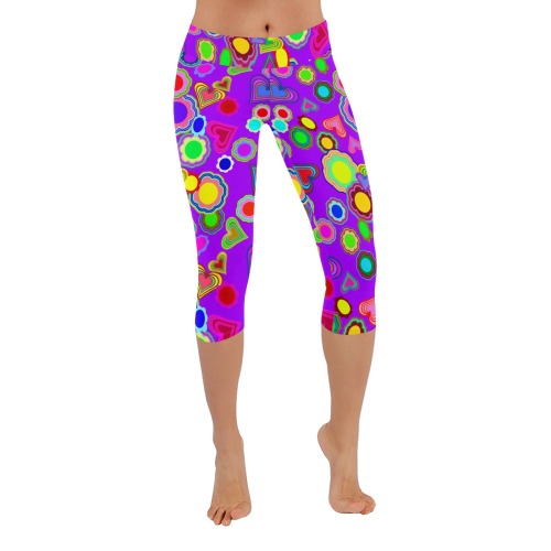Groovy Hearts and Flowers Purple Women's Low Rise Capri Leggings (Invisible Stitch) (Model L08)
