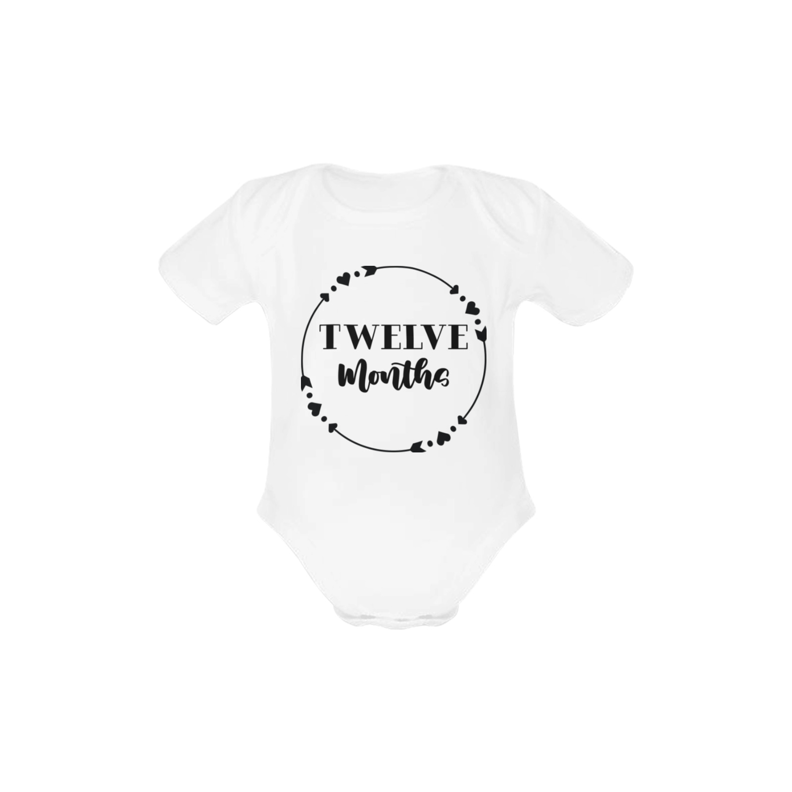 Circle Heart Arrows Monthly Milestones-TWELVE MONTHS OLD WHITE Baby Powder Organic Short Sleeve One Piece (Model T28)