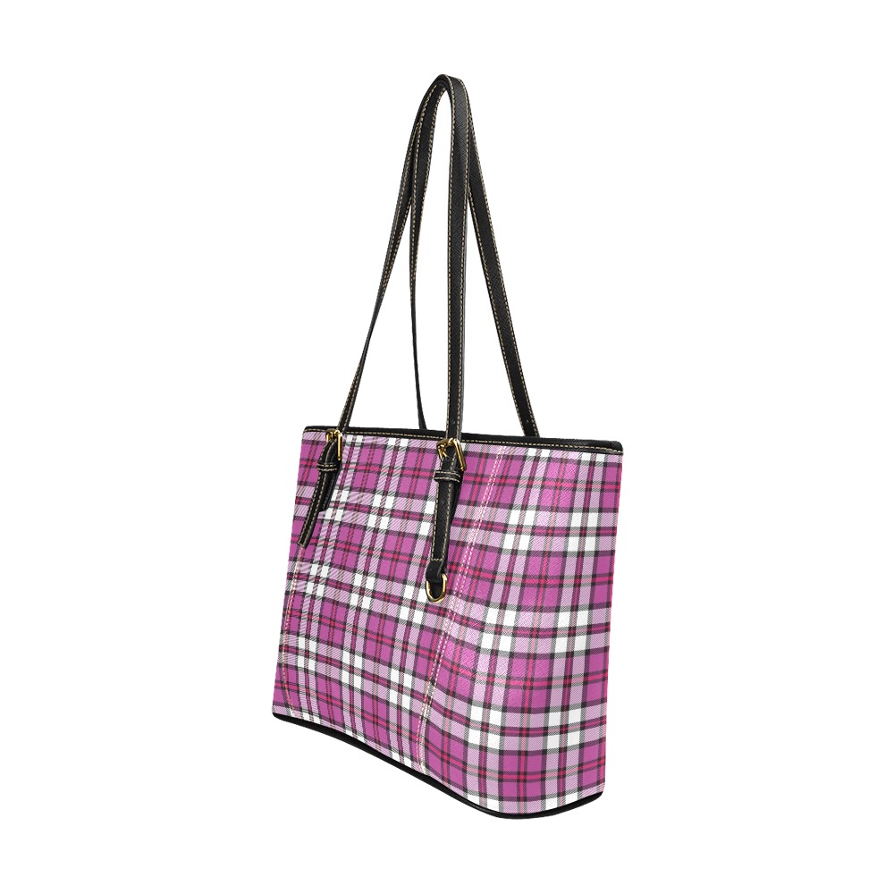 Pink and White Tartan Bag Leather Tote Bag/Large (Model 1640)