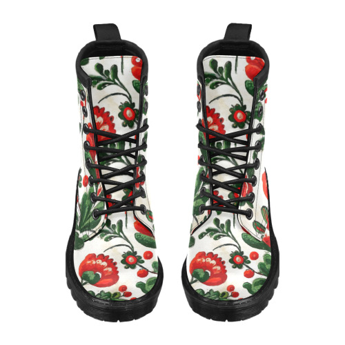 folklore motifs red flowers Women's PU Leather Martin Boots (Model 402H)