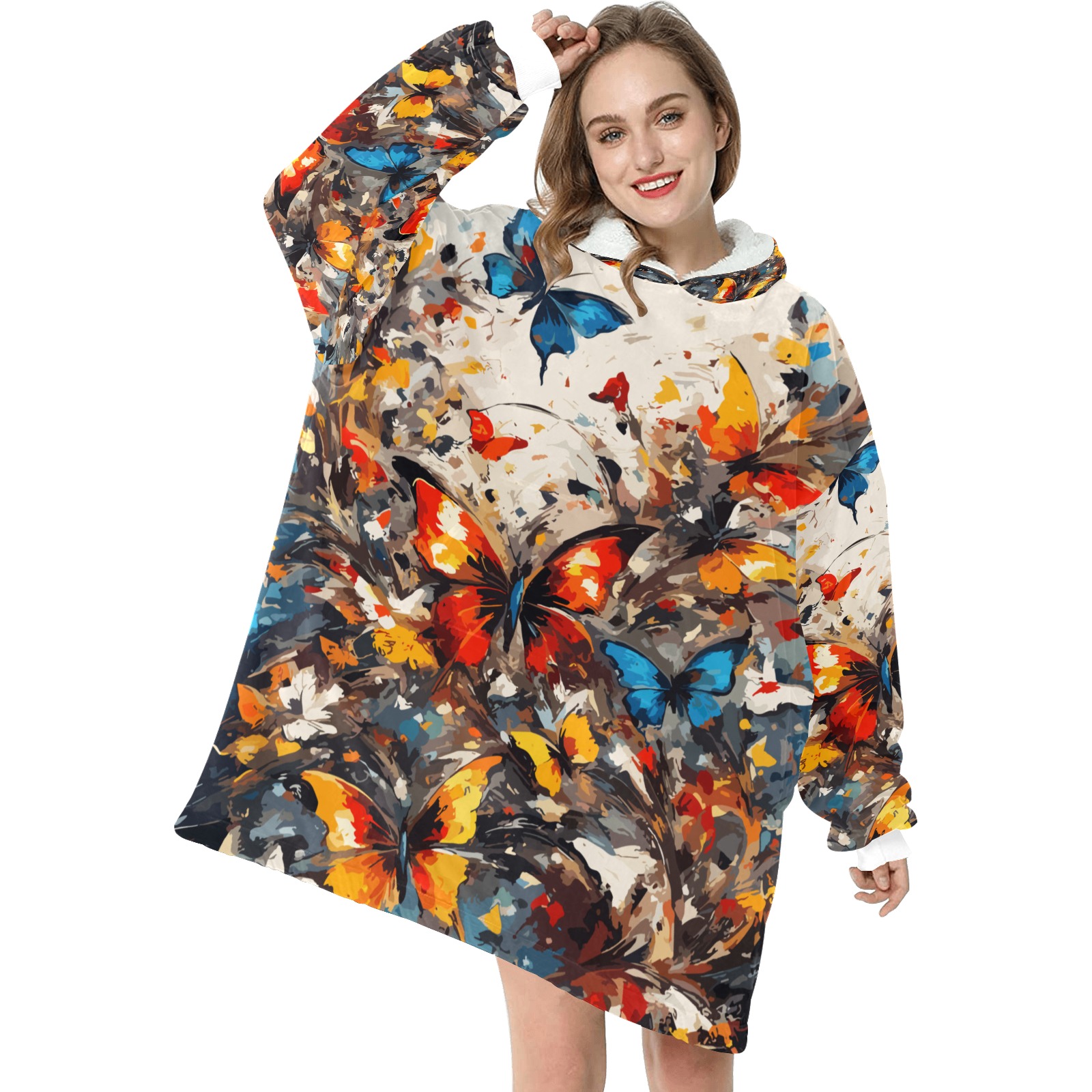Decorative art of colorful butterflies and flowers Blanket Hoodie for Women