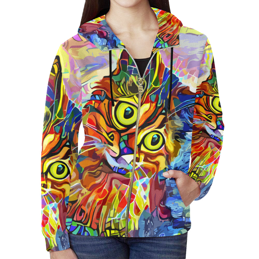 Abstract Cat Face Artistic Pet Portrait Painting All Over Print Full Zip Hoodie for Women (Model H14)