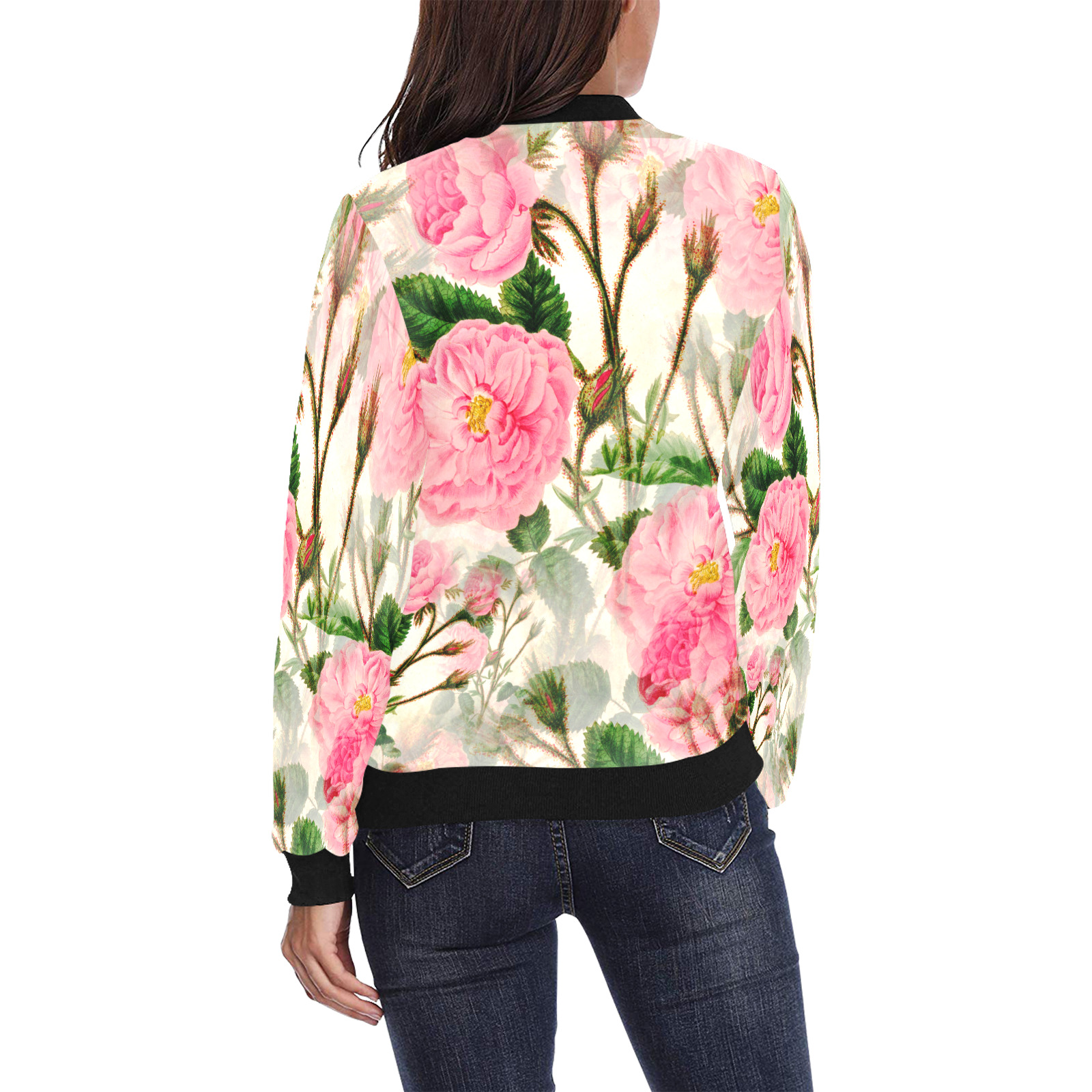Vintage Pink Rose Garden Blossom All Over Print Bomber Jacket for Women (Model H36)