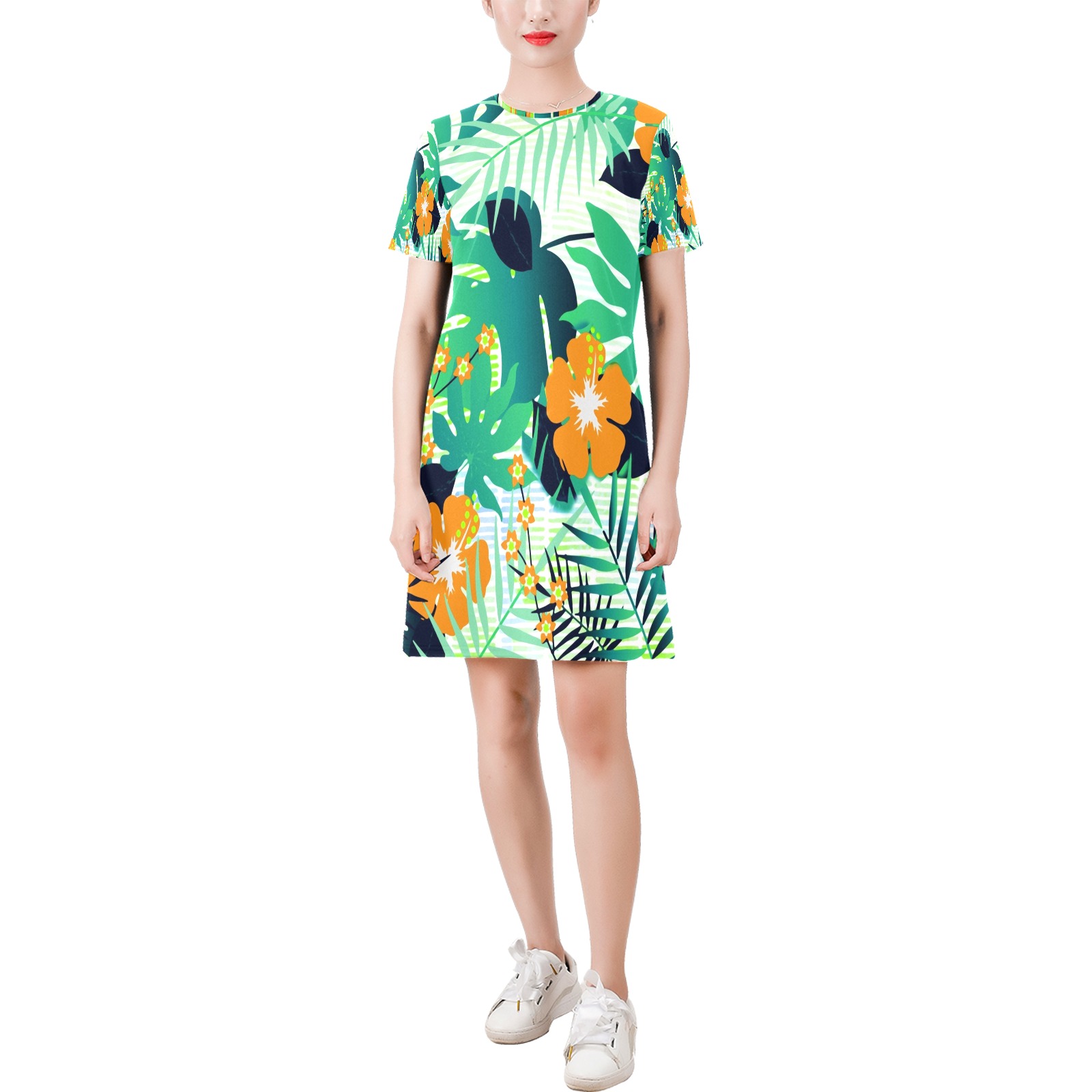 GROOVY FUNK THING FLORAL Short-Sleeve Round Neck A-Line Dress (Model D47)