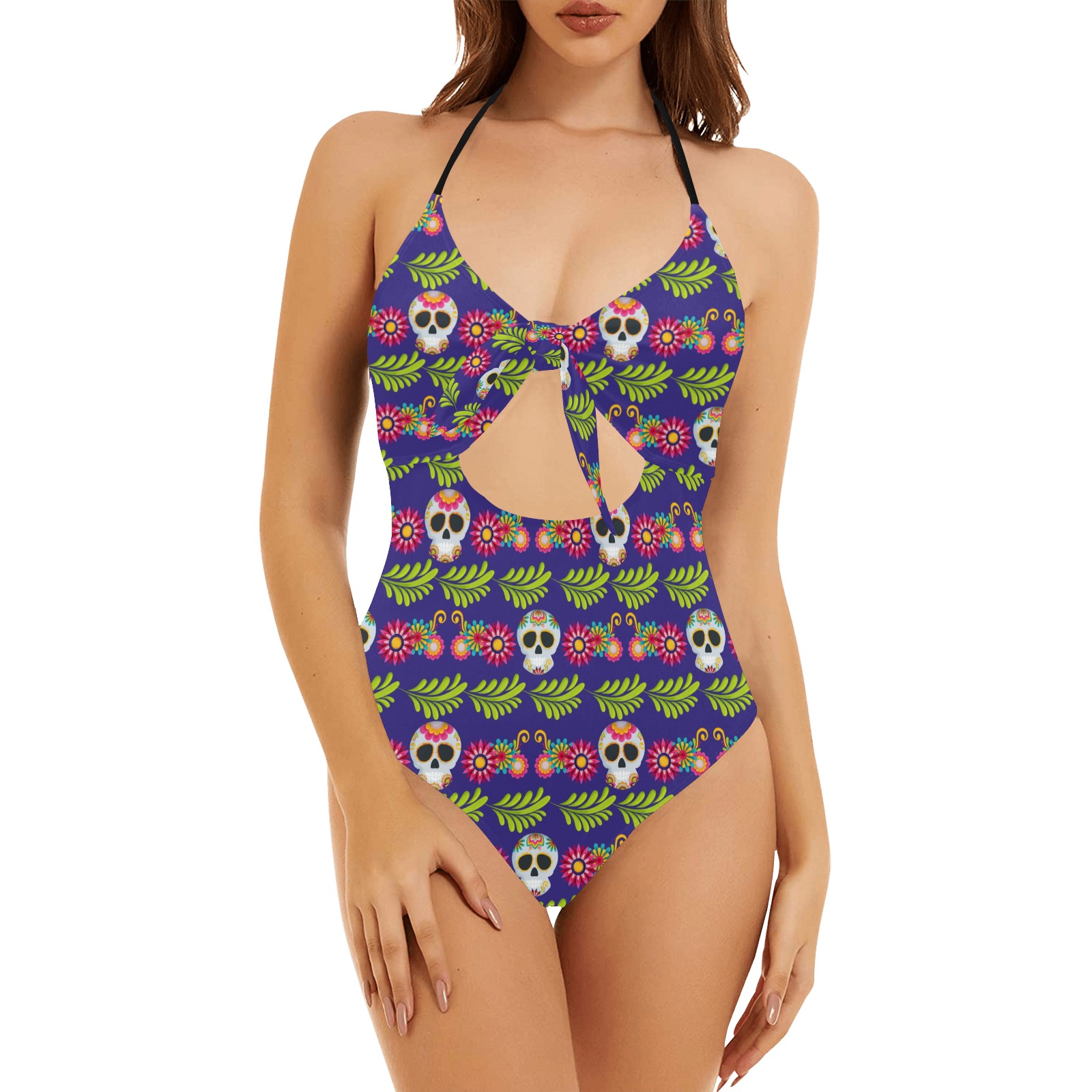 Blue Sugar Skull Tie Front One Piece Swimsuit Backless Hollow Out Bow Tie Swimsuit (Model S17)