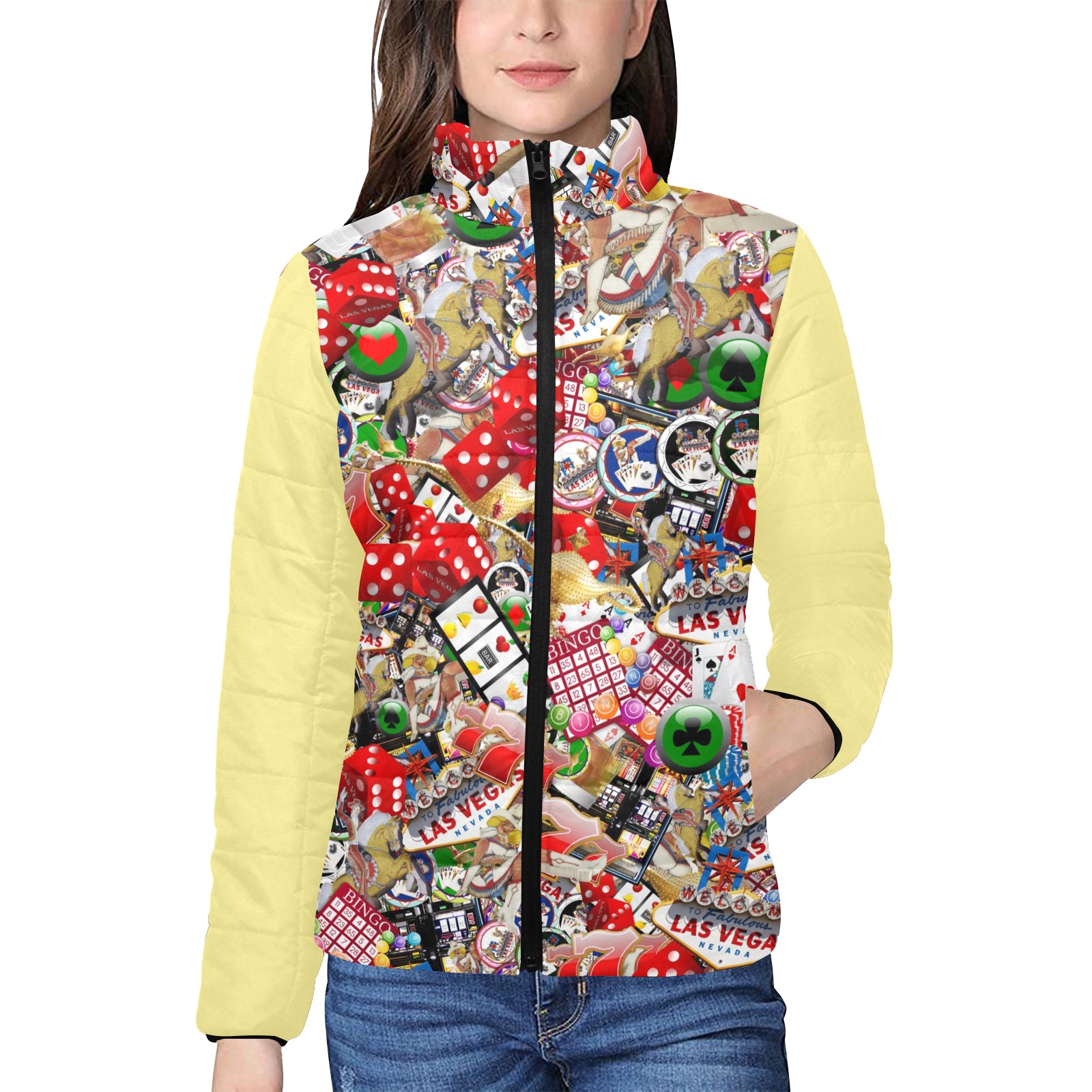 Las Vegas Icons - Gamblers Delight / Yellow Women's Stand Collar Padded Jacket (Model H41)