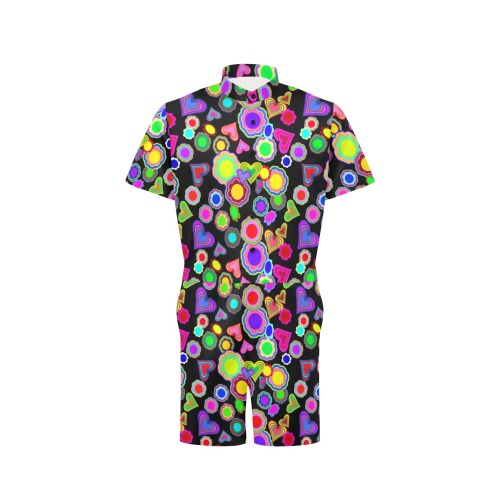 Groovy Hearts and Flowers Black Men's Short Sleeve Jumpsuit
