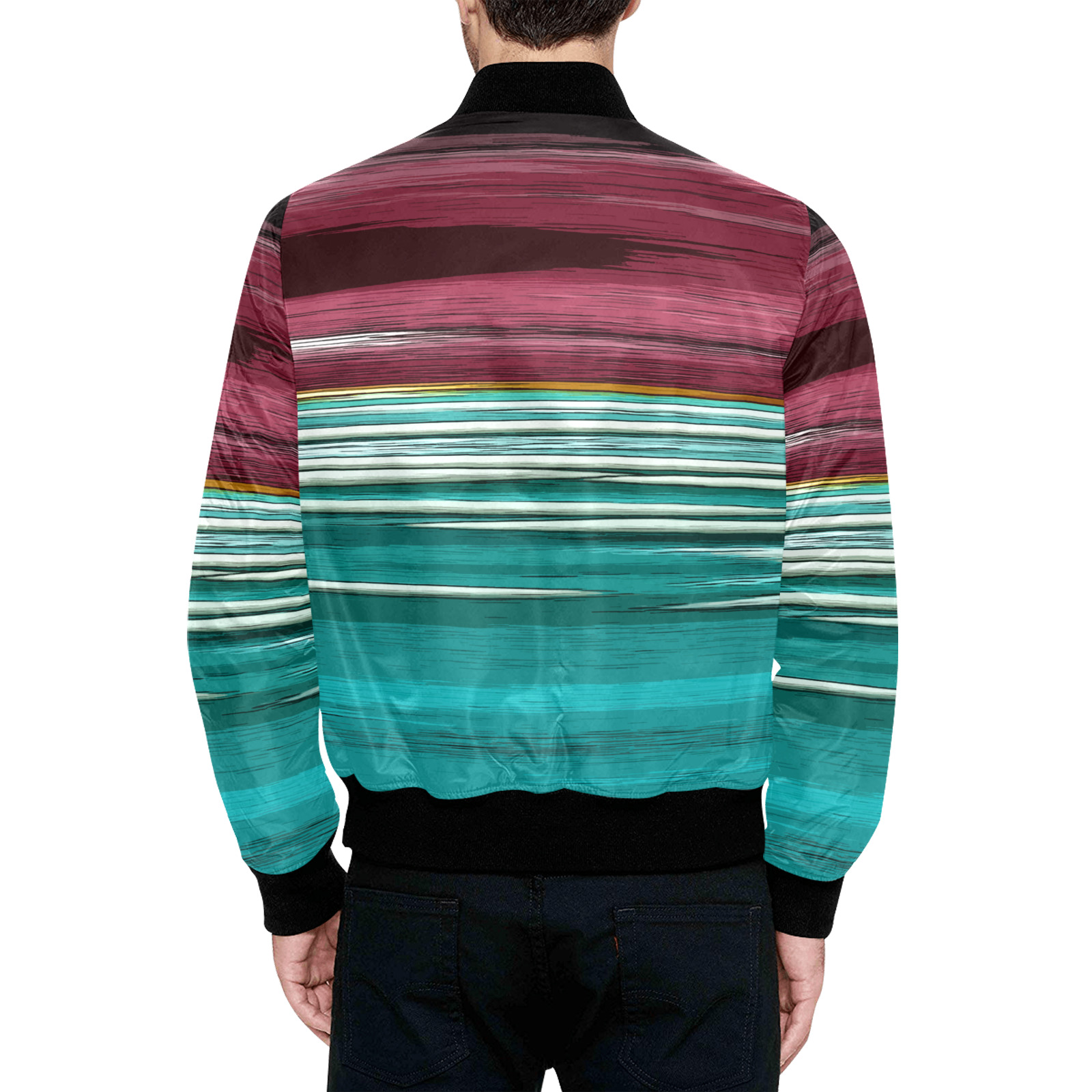 Abstract Red And Turquoise Horizontal Stripes All Over Print Quilted Bomber Jacket for Men (Model H33)