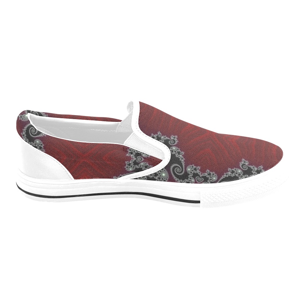0-Black and White Lace on Maroon Velvet Fractal Abstract Women's Slip-on Canvas Shoes (Model 019)
