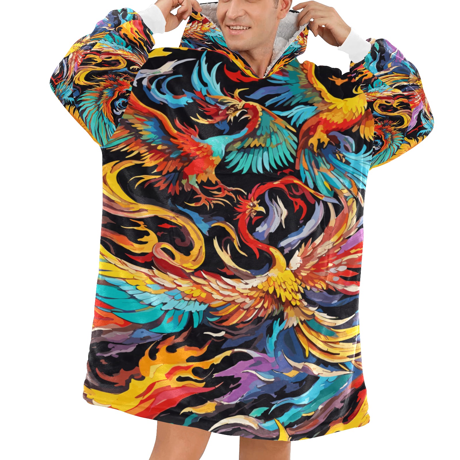 Colorful fantasy phoenix birds and flames art. Blanket Hoodie for Men