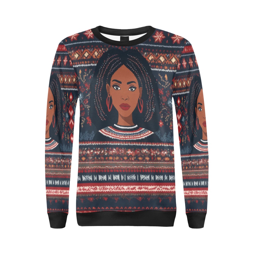 Pretty African American woman and winter pattern. All Over Print Crewneck Sweatshirt for Women (Model H18)