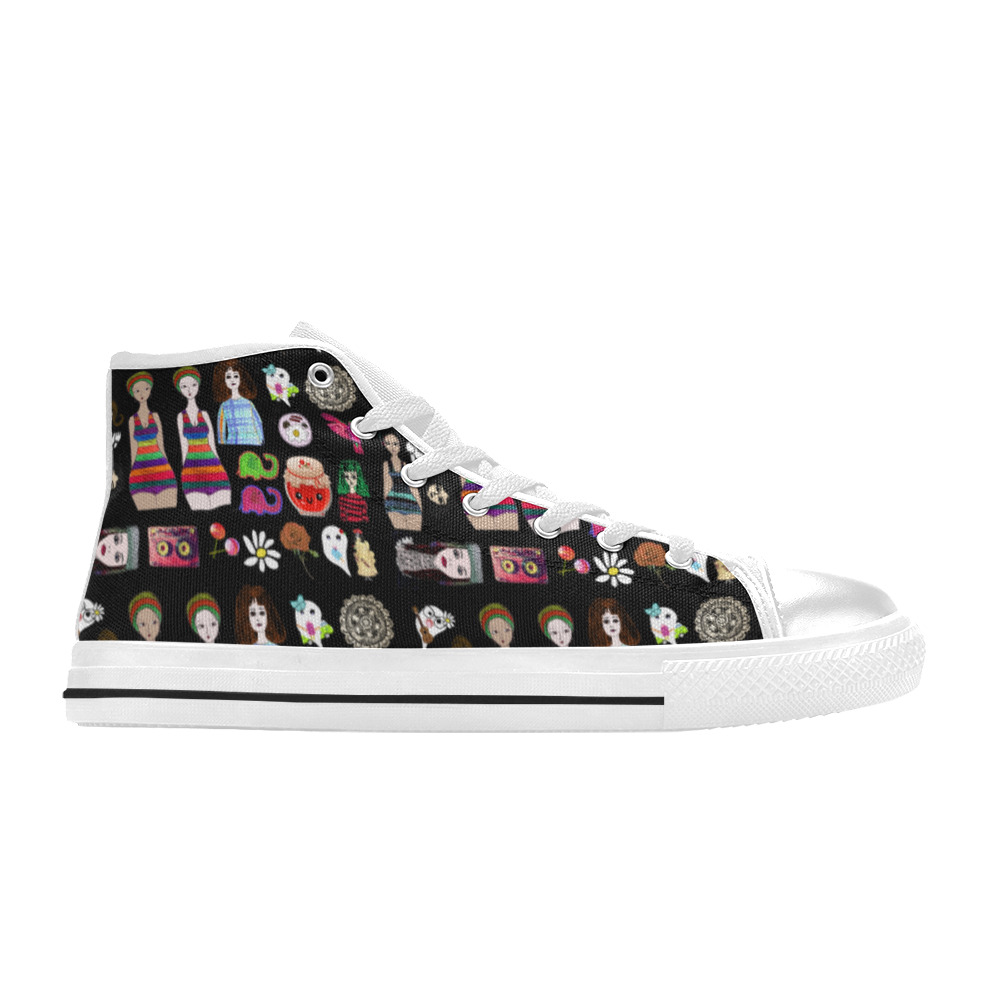 drawing collage black High Top Canvas Shoes for Kid (Model 017)