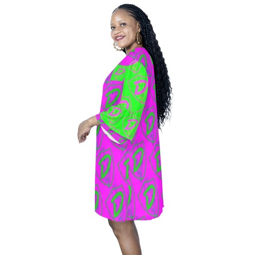 DIONIO Clothing - Women's Half Sleeves V-Neck Mini-Dress (Pink & Neon D Shield Repeat Logo) Half Sleeves V-Neck Mini Dress (Model D63)