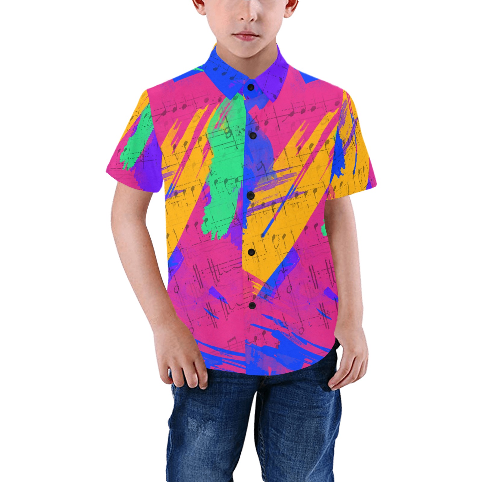 Groovy Paint Brush Strokes with Music Notes Boys' All Over Print Short Sleeve Shirt (Model T59)